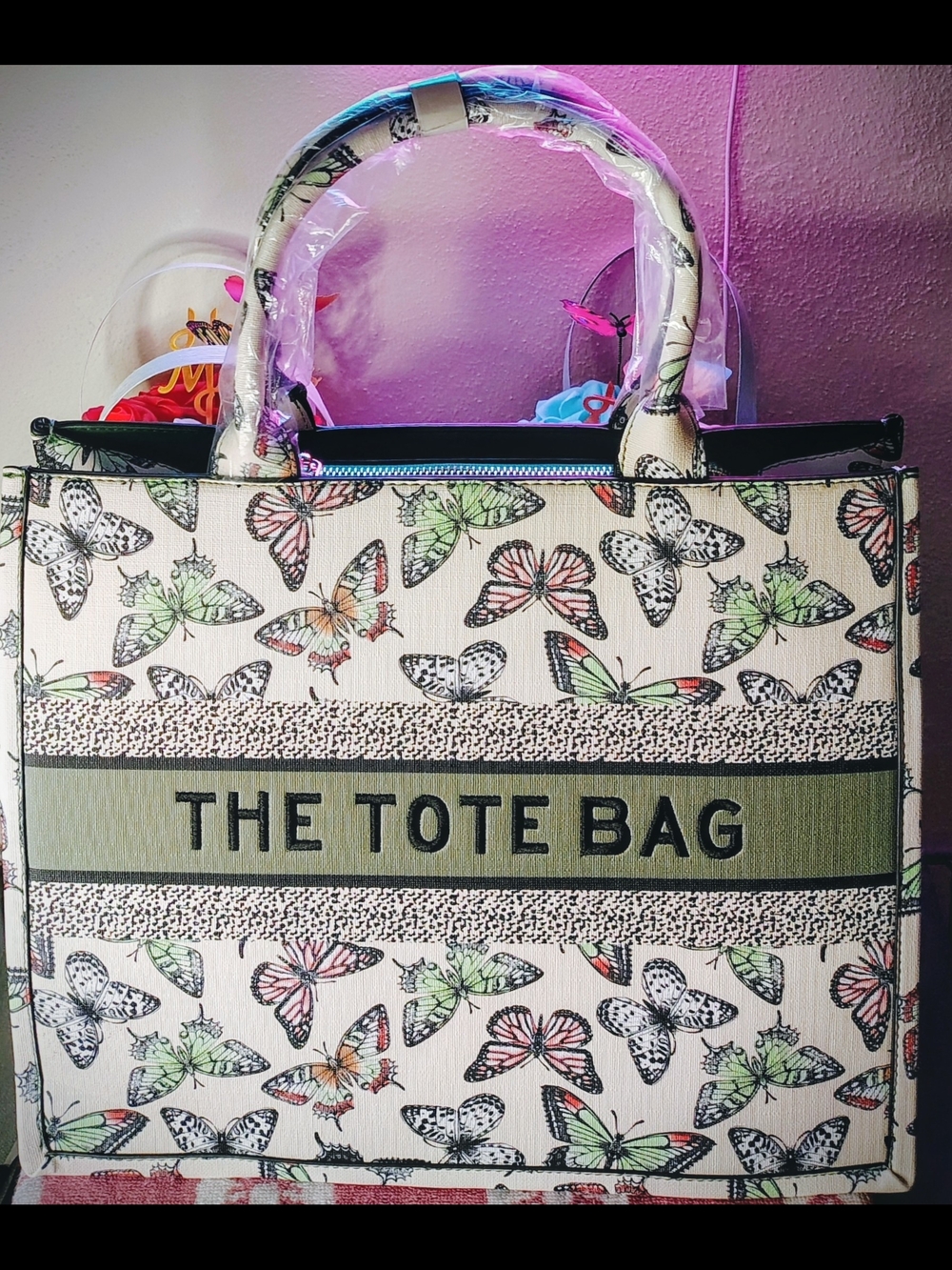 The Tote Bag Women’s Butterfly Print Tote — Cream with Green Accents